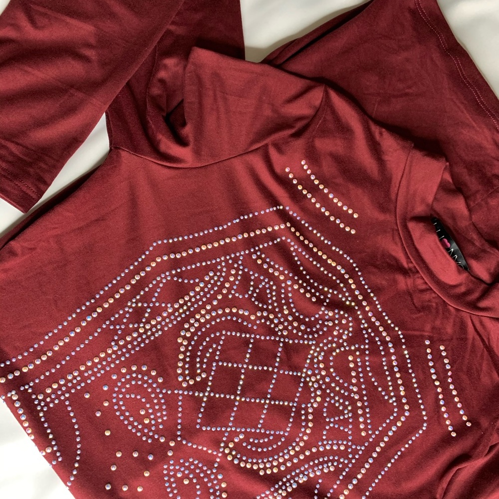 Burgundy Rhinestone Studded Mock Neck Dress. - Picture 7 of 7